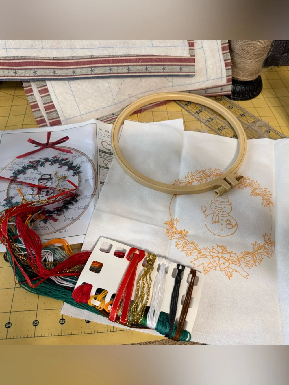 Holiday Wreath Snowman Embroidery Kit - White